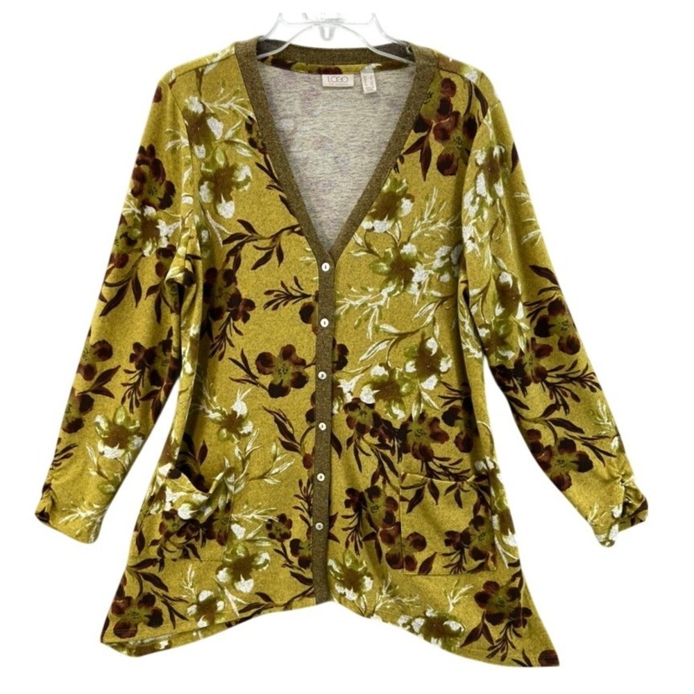 LOGO Lori Goldstein Cardigan L Floral Button Down Mustard Pocket Layering Earthy